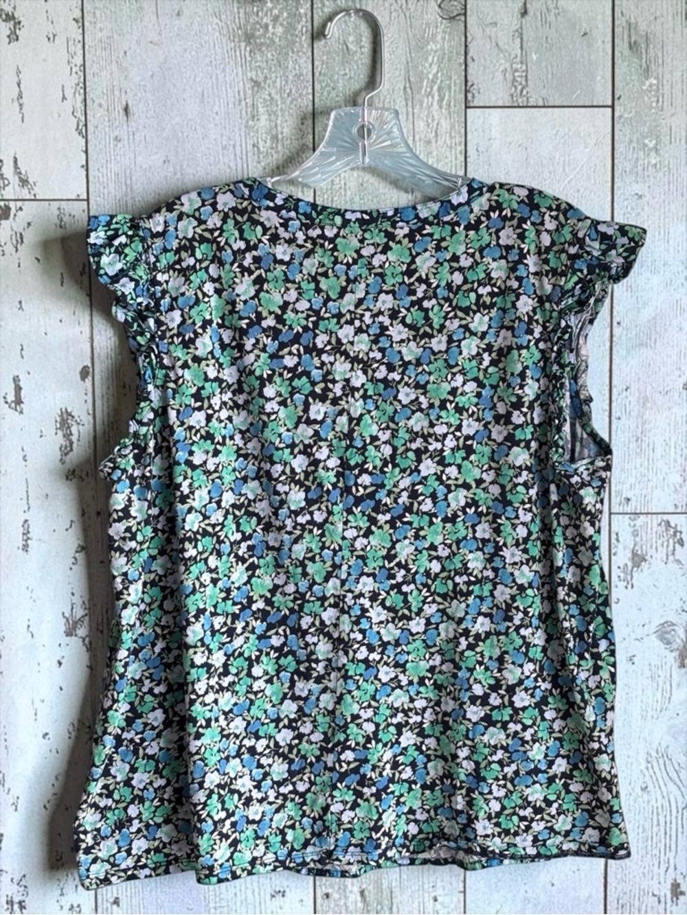 LOFT Outlet Blue Green Floral Blouse Lightweight V Neck Flutter Sleeve Size XL - Picture 3 of 7